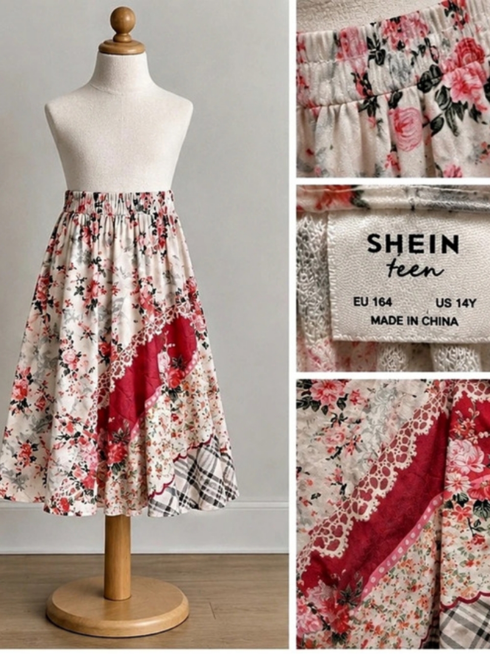 SHEIN Teen Floral Patchwork Midi Skirt Floral Patchwork Midi Skirt Girls US 14Y